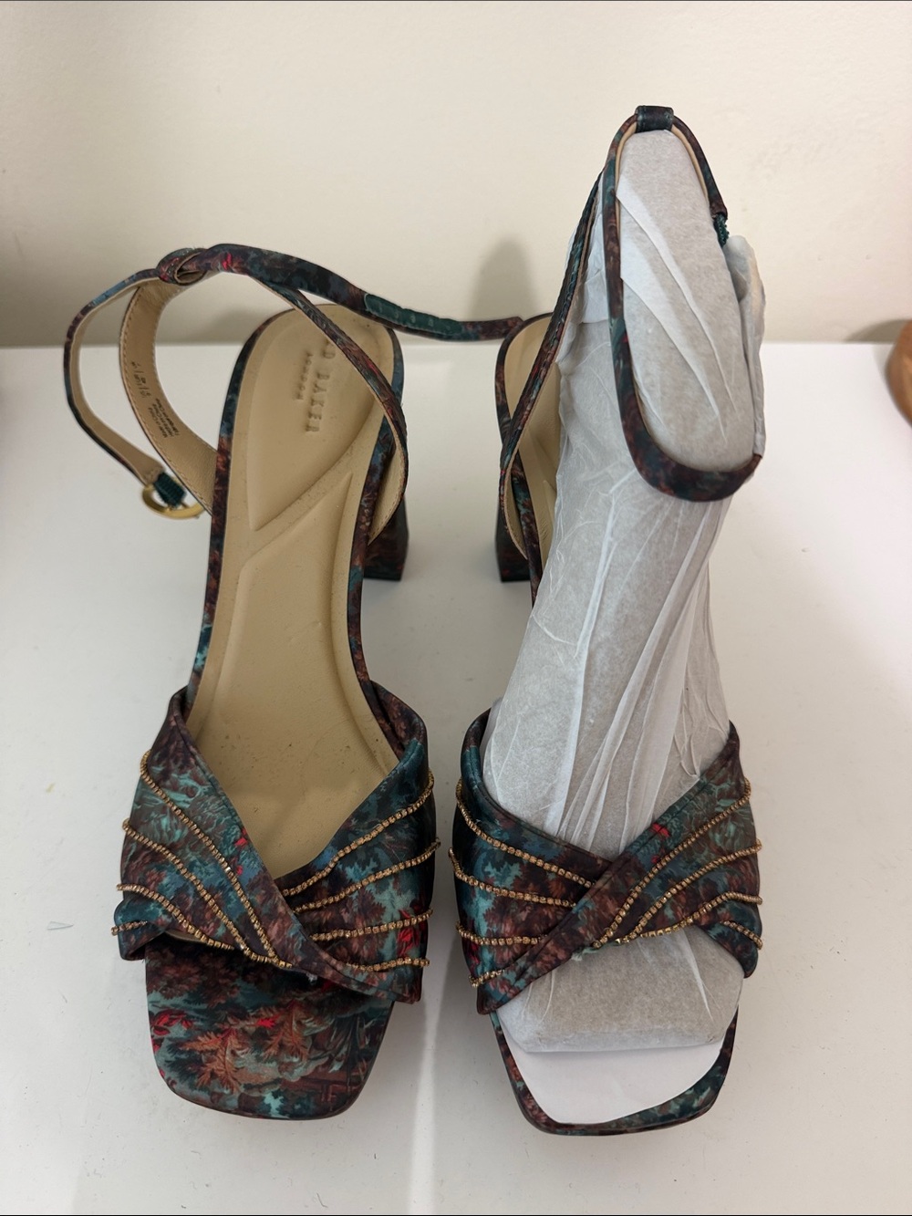 Ted Baker London Teal Multicolor Floral Beaded Crossover Ankle-Strap Heels
